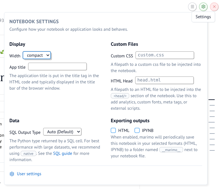 Notebook settings dialog showing display, data, custom files, and exporting options